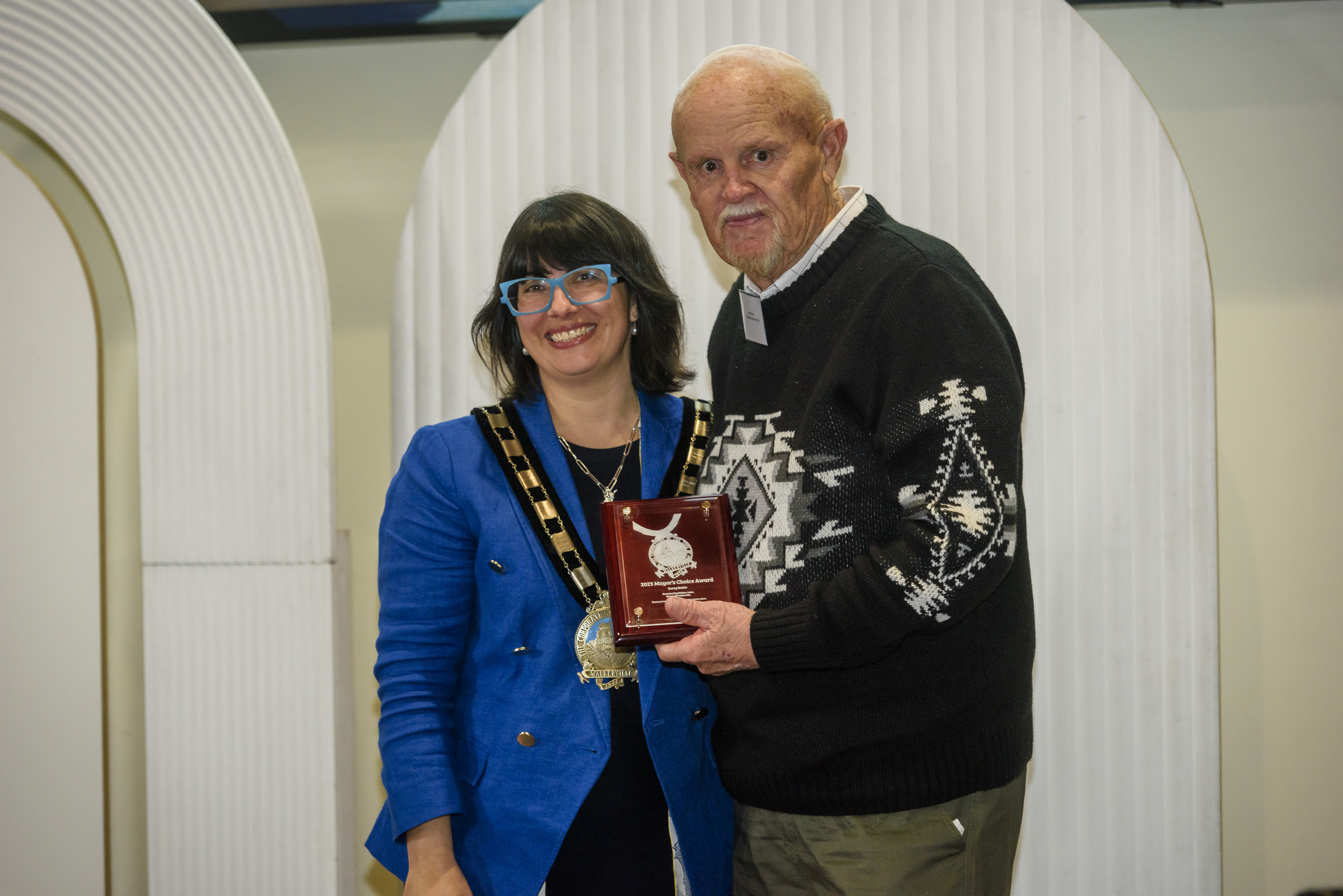 Winner of the Mayor's Choice Award, Barry Butler from the Walkerville Bowling Club, with Mayor of Walkerville, Melissa Jones.