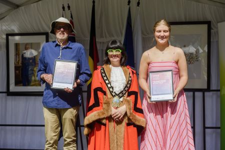 Community Event of the Year Award winner, Richard Bentley from the Walkerville Energy and Environment Forum; Major Melissa Jones; and Young Citizen of the Year Award winner, Indya Dodd.